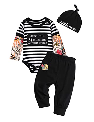 Baby Boy Clothes 0-3 Months Fake Tattoo Sleeve Just Did 9 Months On The Inside Funny Baby Onesie Romper Rockabilly Bodysuits +Little Man Hat + Skull Pant 3PCS Outfits Set
