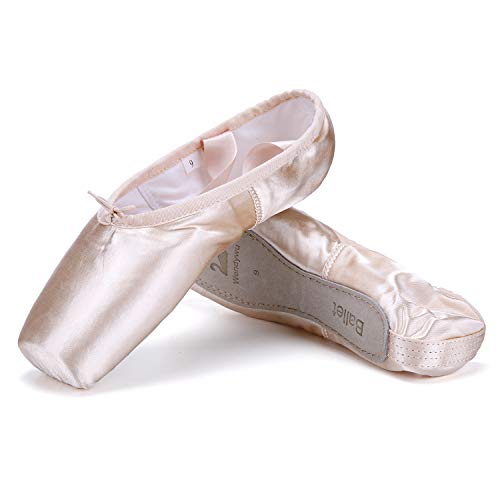 WENDYWU Professional Ballet Pointe Shoes for Kids Girl and Ladies Pink PU Soled Ballet Pointe Dance Shoes with Toe Pads (Pink,6)