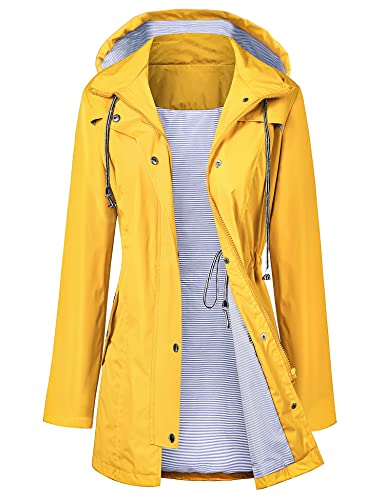 Women Sportswear Camping Light Plus Size Rain Jacket with Hood Outdoor Hiking Long Windbreaker Raincoat Yellow L