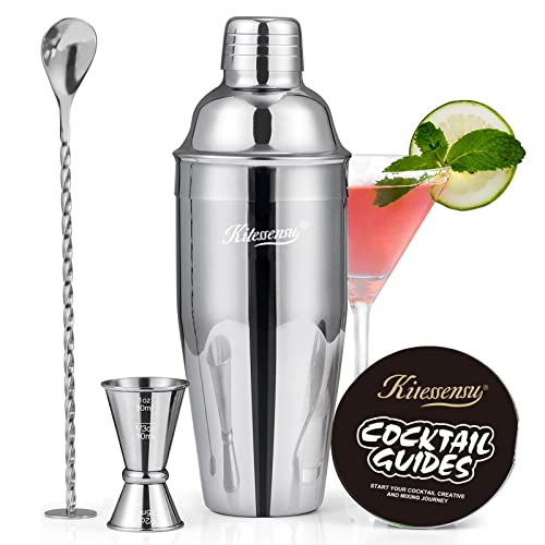 Cocktail Shaker, KITESSENSU 24oz Drink Shaker with Bartender Strainer, Measuring Jigger, Bar Mixing Spoon, Cocktail Recipe Guide, Professional Drink Mixer Set for Beginners, Silver
