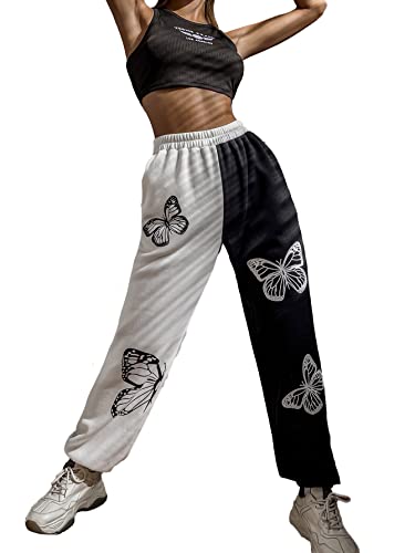 SOLY HUX Women's Graphic Letter Print Elastic Waist Sweatpants Color Block Cozy Running Joggers Pants Butterfly Black White XS