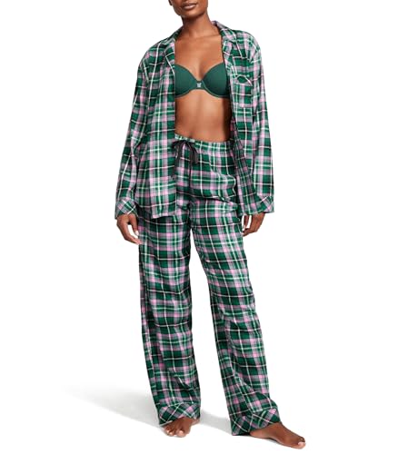 Victoria's Secret Flannel Long Pajama Set, PJ Set for Women, 2 Piece Lounge Set PJs, Flannel Pajamas, Women's Sleepwear, Green (M)