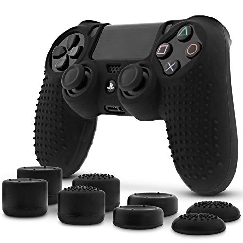Fosmon PS4 Controller Skin with 8 Thumb Grips, Anti-Slip Silicone Grip Cover Protector Case Compatible with Sony Playstation PS4 Slim/PRO 4 DualShock Controller (Black)