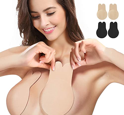 Zacca Adhesive Bra,Breast Lift Tape Lift Up Invisible Bra Nippleless Covers Sticky Bras Silicone Breast Lift Pasties (Black/Beige, C/D)