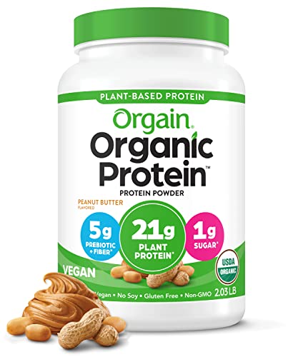 Orgain Organic Vegan Protein Powder, Peanut Butter - 21g Plant Protein, 5g Prebiotic Fiber, Low Net Carb, No Dairy Ingredients, No Added Sugar, Non-GMO, For Shakes & Smoothies, 2.03 lb