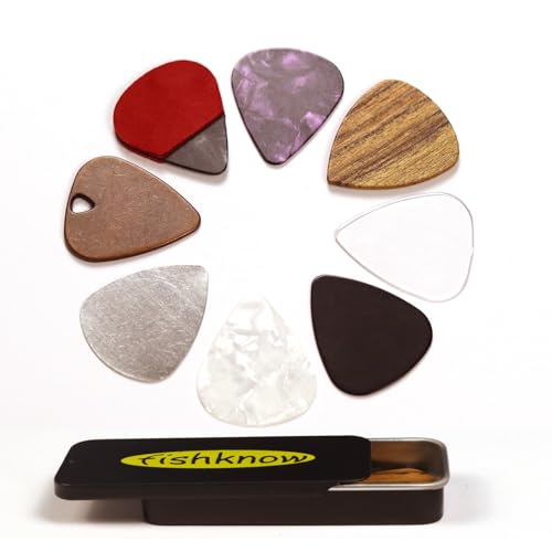 Fishknow Guitar Picks for Acoustic Guitar,Celluloid,Copper,Steel,Pvc,Acrylic,Wooden Guitar Picks,Thin Medium and Heavy