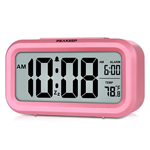 Peakeep Night Light Alarm Clock Battery Operated with Indoor Temperature, Desk Digital Clock for Kids Girls Bedrooms (Pink)