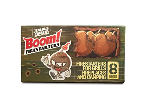 Jealous Devil Boom! Firestarters 8 Pack, 100% Natural Made from Coconut Fiber, No Smoke and Odorless, Waterproof, 20-Minute Long Burn for BBQ Lump Charcoal, Briquettes, Fireplace, Camping and More