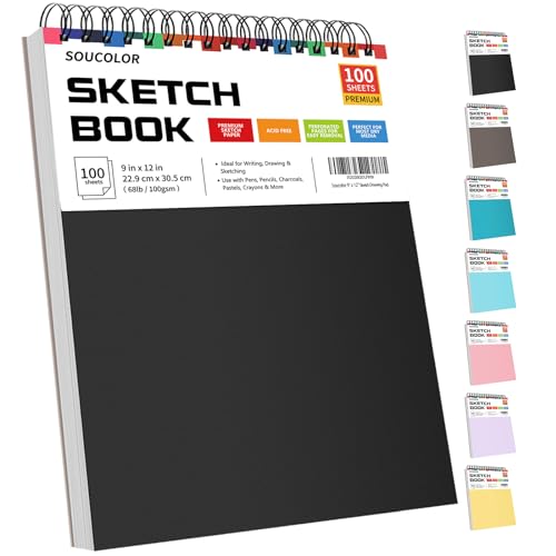 Soucolor 9' x 12' Sketch Book, 1-Pack 100 Sheets Spiral Bound Art Sketchbook, (68lb/100gsm) Acid Free Artist Drawing Book Paper Painting Sketching Pad for Kids Students Adults Beginners