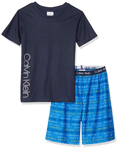 Calvin Klein Boys' Little 2 Piece Sleepwear Top and Bottom Pajama Set, Black, Ck Victoria Iris Logo, Large