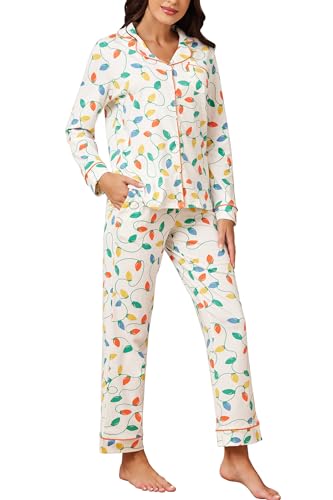 LUBOT Christmas Pajamas 100% Cotton Pajama for Women Soft Long Sleeve Button-Down Xmas 2 piece PJ Sleepwear Loungewear (String Lights,L)