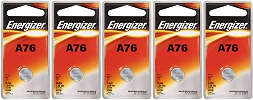 5 Energizer A76 LR44 1.55V Button Cell Alkaline Batteries (Individually Packaged Each with Retail Hanging Tab)