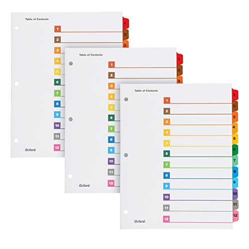 Oxford OneStep Binder Dividers, 12 Tab Numeric Divider Sets, Customizable Table of Contents, Reversible Multicolor Tabs, Numbered 1–12, 3 Sets (89403)