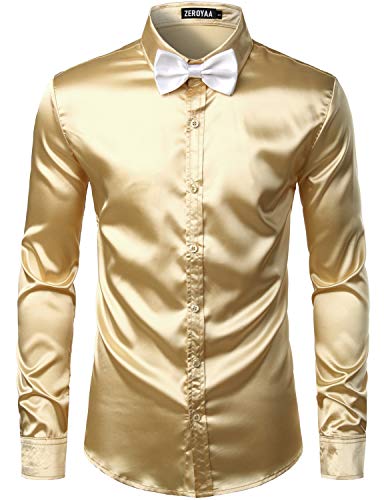 ZEROYAA Men's Luxury Shiny Silk Like Satin Button Up Dress Shirts ZLCL14-Champagne Large