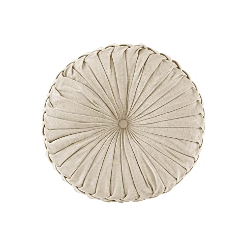 Intelligent Design Loretta Chenille Round Floor Pillow Meditation Cushion, Soft Color & Natural Luster Button Tufted with Elegant Pleated Details, Dia 22'x6'H, Ivory