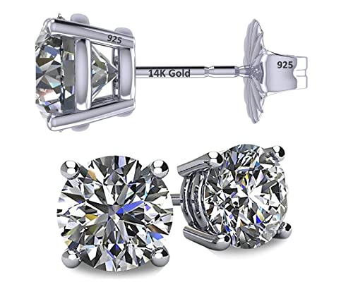 Central Diamond Center 14K Solid Gold Post & Sterling Silver 4 Prong CZ Stud Earrings - Platinum Plated - 6.50mm - 2.00cttw