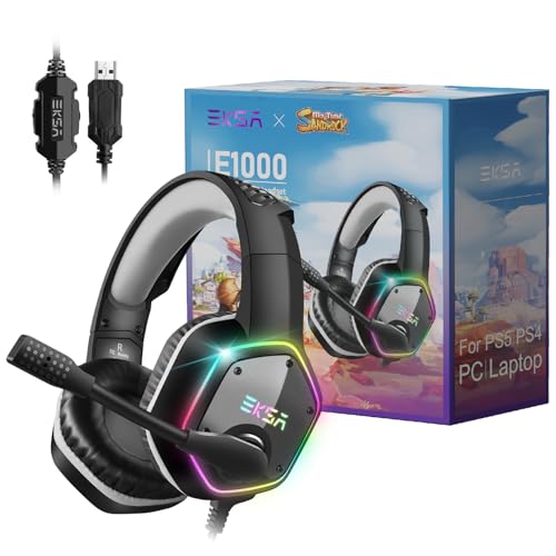 EKSA Gaming Headset, Noise Canceling Mic & RGB Light, Gaming Headphones Compatible with PC, PS4, PS5, Laptop, Computer (Gray-Sandrock)