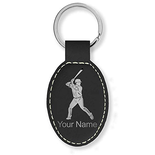 LaserGram Oval Keychain, Baseball Player 2, Personalized Engraving Included (Black with Silver)