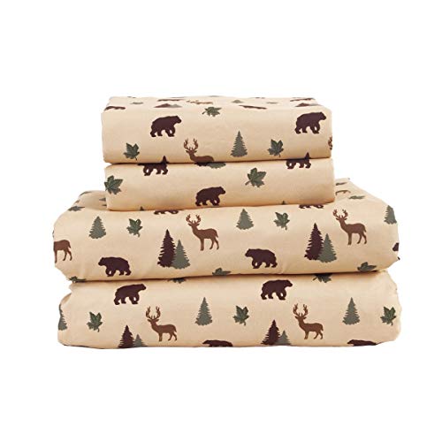 How Plumb Aubrie Home Accents Cozy Cabin 4-Piece Queen Microfiber Bedding Sheet Set with Deep Pockets Rustic Patchwork Plaid Deer, Brown Tan Green