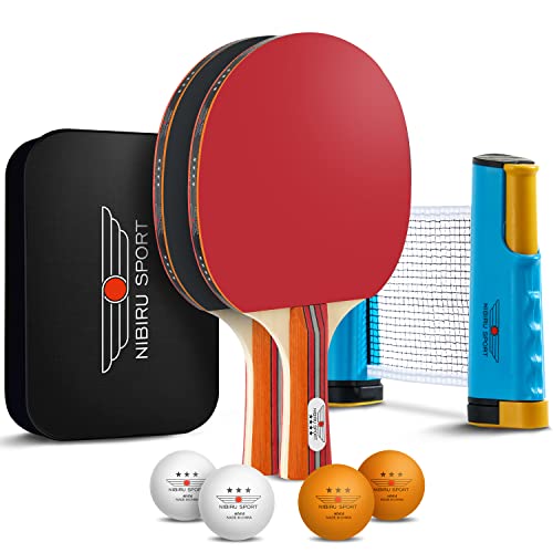 NIBIRU SPORT Professional Ping Pong Paddle Set (2-Player) - Table Tennis Paddles Set of 2 with Retractable Net, 4 Balls, and Carry Bag/Storage Case - Table Tennis Equipment & Ping Pong Accessories