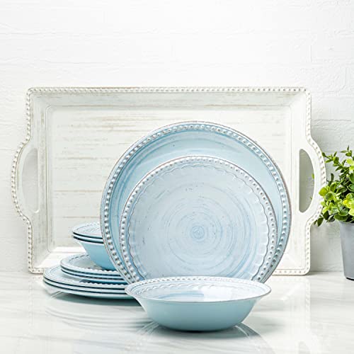 Zak Designs French Country House Melamine Plastic Dinnerware Set Includes Dinner, Salad Plates, Individual Bowls and Serving Tray 13-Piece, Break-resistant Dishwasher Safe (Sky Blue, Oyster)