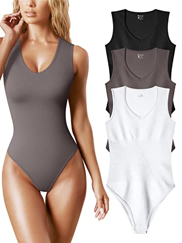 OQQ Women's 3 Piece Bodysuits Sexy Ribbed V Neck Sleeveless Tank Tops Bodysuits Black Tea leaf White