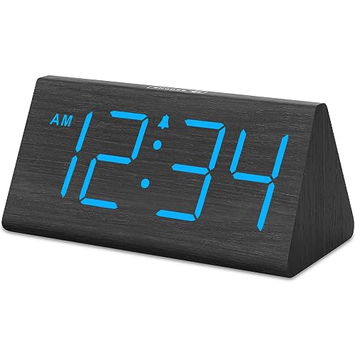 DreamSky Wooden Digital Alarm Clocks for Bedrooms - Electric Desk Clock with Large Numbers, USB Port, Battery Backup Alarm, Adjustable Volume, Dimmer, Snooze, DST, Wood Décor, 12/24H (Blue)