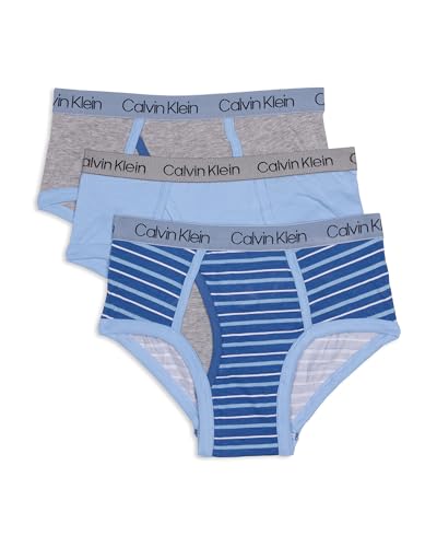 Calvin Klein Boys' Little Modern Cotton Assorted Briefs Underwear, 3 Pack, Blue and Grey Stripe/Blue Bell/Heather Grey, X-Large