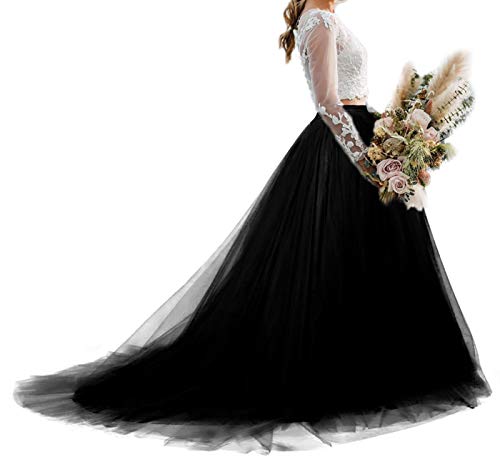 Women Wedding Long Maxi Tulle Skirt Floor Length with Detachable Train Bridal Overskirt (Black, Medium,US 4-16)