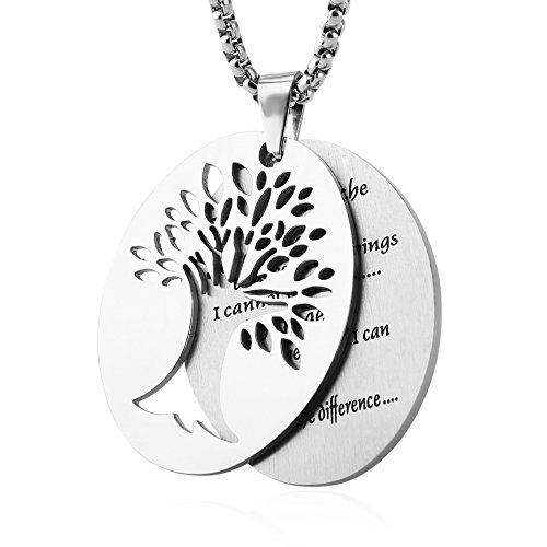 HZMAN Two Piece Serenity Prayer Stainless Steel Pendant Necklace With Tree Of Life Cut Out (Silver)