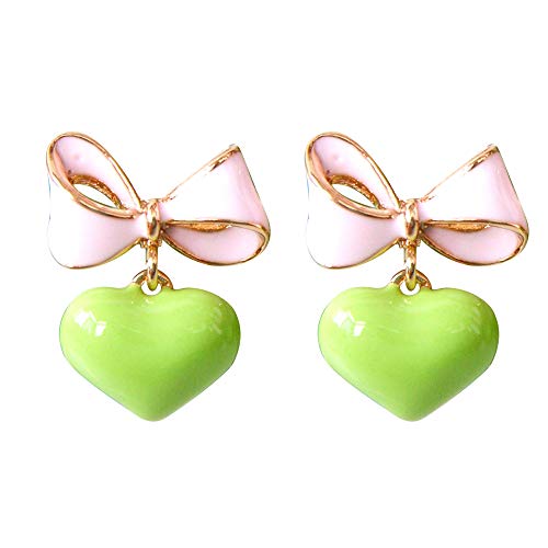 Navachi 18k Gold Plated Bow Heart Candy Pink Green Enamel Womens Fashion Elegant Stud Earrings