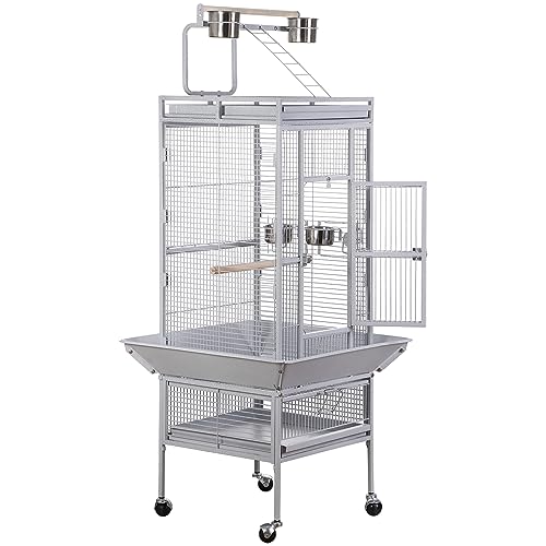 SUPER DEAL PRO 61-inch 2in1 Large Bird Cage with Rolling Stand Playtop Parrot Chinchilla Finch Cage Macaw Conure Cockatiel Cockatoo Pet House Wrought Iron Birdcage, White