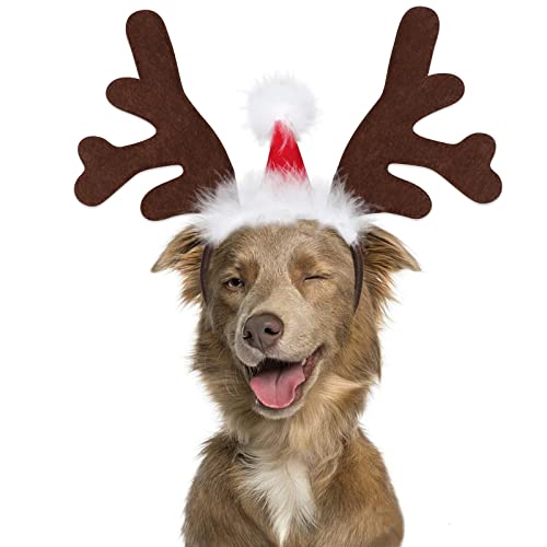 BWOGUE Dog Elk Reindeer Antler Headband with Santa Hat Pet Pet Christmas Costume Headwear Accessories for Dogs and Cats Large