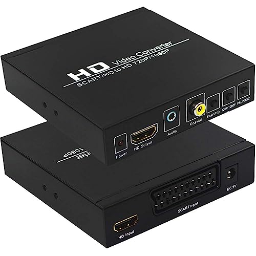 SCART to HDMI, TAIPOXUN Scart Converter Video Audio Box, HD Video Converter Scart to HDMI Adapter with PAL/NTSC Video Scaler, 1080P/720P Support HDMI, 3.5mm Coaxial Audio Out for TV and DVD Player