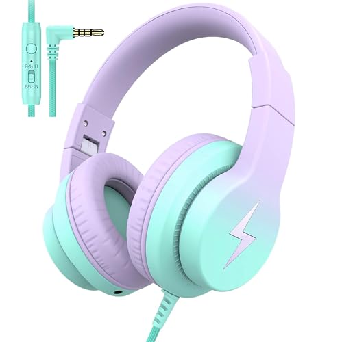 Candy Bila Kids Headphones, Wired Headphones for Kids Over Ear with Microphone, 85/94dB Volume Limiter Headphones for Girls Boys with Sharing Jack, Foldable Headphones for Online Study,Gradient Purple