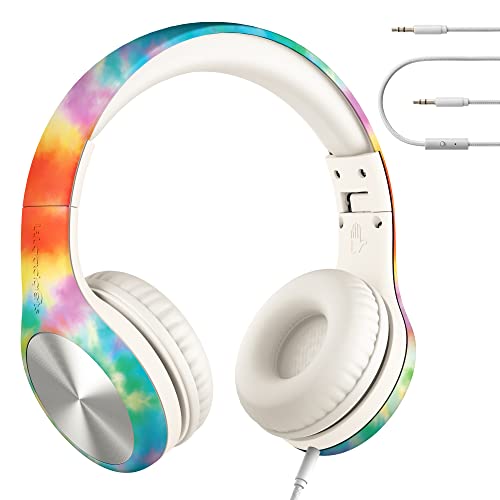 LilGadgets Connect+ Pro Girls Headphones for School - Designed with Kids' Comfort in Mind, Foldable Over-Ear Headset with in-line Microphone, Headphones for Kids for School, Tie Dye Rainbow