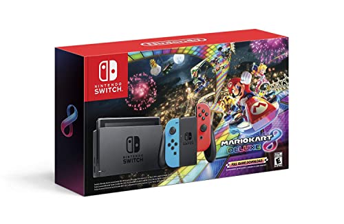 PURTCH Newest Switch w/Neon Blue & Neon Red controller + Mario Kart 8 Deluxe Game, 6.2' Touchscreen LCD Display, 802.11AC WiFi, Bluetooth 4.1 - Red and Blue