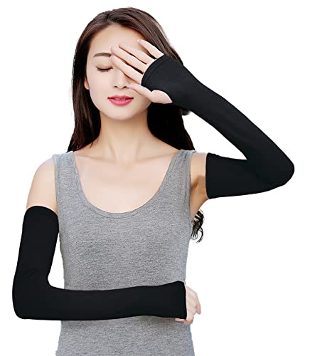 Bellady Women Stretchy Long Arm Sleeves Fingerless Gloves Arm Cover, Black, One Size