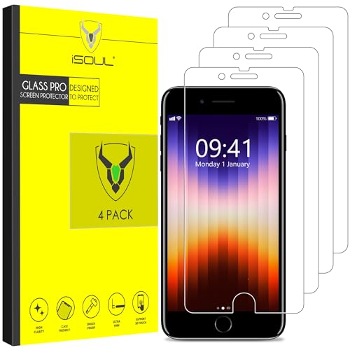iSOUL 4-Pack Screen Protector for iPhone SE 3/2 (2022/2020 Edition), iPhone 8,7,6s,6, 4.7-Inch Tempered Glass Film [Ultra HD] [3D Touch] [Case Friendly] [Lifetime Replacement Support]