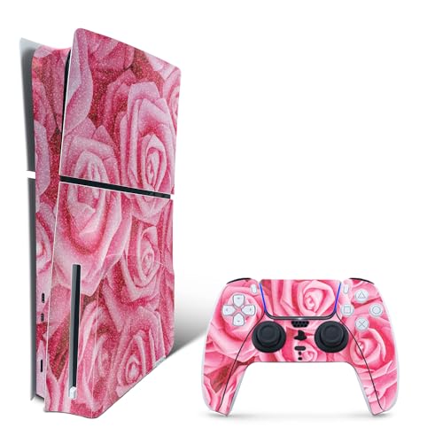 MightySkins Glossy Glitter Skin Compatible with Playstation 5 PS5 Slim Disk Edition Console Only - Super Pink Roses | Protective, Durable High-Gloss Glitter Finish | Easy to Apply | Made in The USA