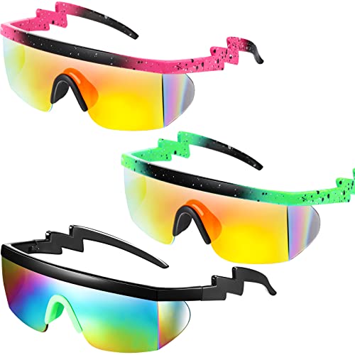 3 Pairs Neon Retro Semi Rimless Sunglasses 80s 90s Zigzag Sunglasses Colored Transparent Lens Sun Glasses for Men Women (Bright Color)