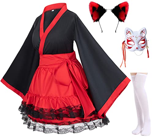 Japanese Anime red and Black Kimono Fox Cosplay Costume Furry Fox Ear with Socks S