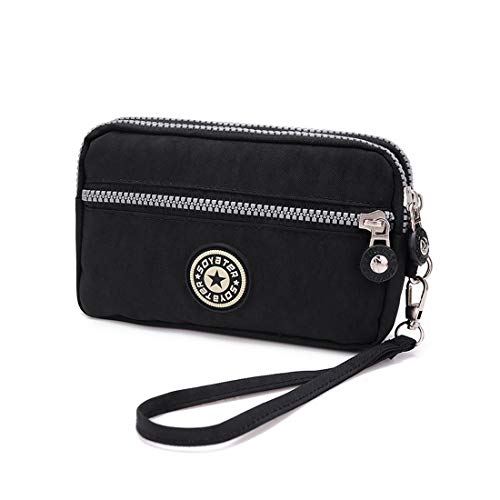 Small Water Resistant Nylon Wristlet Clutch Wallet Cell Phone Purse Bag with 3 Zipper Pouches For Women Ladies (Black)