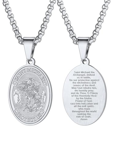 U7 Men Women Protection Jewelry Judism Christian Islamic Biblical Archangel Pendant with Chain 22 Inch Oval Medal Shape Stainless Steel Saint Michael Necklace