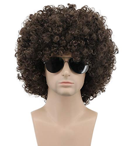 karlery Men Women Afro 70s 80s Short Curly Dark Brown Rocker Party Wig California Halloween Costume Cosplay Wig