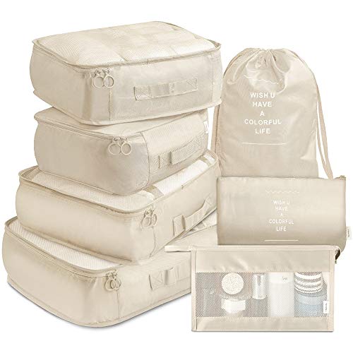 VAGREEZ Packing Cubes, 7 Pcs Travel Luggage Packing Organizers Set with Toiletry Bag (Beige)