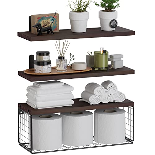 WOPITUES Bathroom Shelf Over Toilet, Floating Bathroom Shelf Wall Mounted with Wire Basket, Floating Shelf for Wall Décor-Rustic Brown