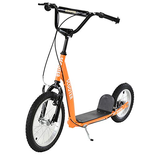 Aosom Youth Scooter Kick Scooter for Kids 5+ with Adjustable Handlebar 16' Front and 12' Rear Dual Brakes Inflatable Wheels, Orange