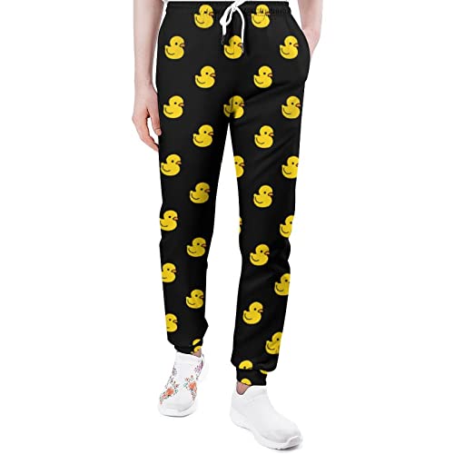 INRAINE Men's Sweatpants Novelty Yellow Rubber Duck Ducky Pet Animal on Black Athletic Pants for Men Women, Comfy Casual Long Sport Pants with Pockets Drawstring Jogger Sweatpants L