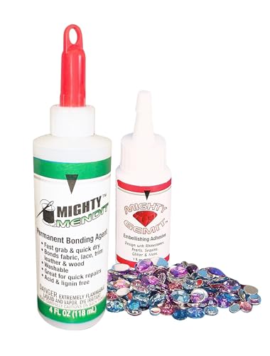 Mighty MENDIT, Permanent Fabric Adhesive, Flexible Stretchable Washable, Clear, 4 oz, Plus Mighty GEMIT, Embellishing Adhesive, 1 oz. Includes 50 Gems